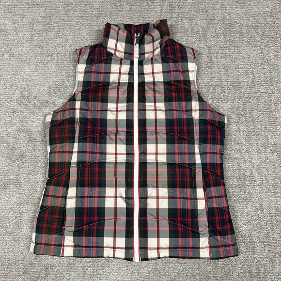 Lands' End Jackets & Blazers - Lands End Vest Womens Medium Plaid Down Filled Puffer Red Full Zip Blue Holiday